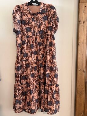 fab'rik Peach Midi Dress with Dark Floral Print